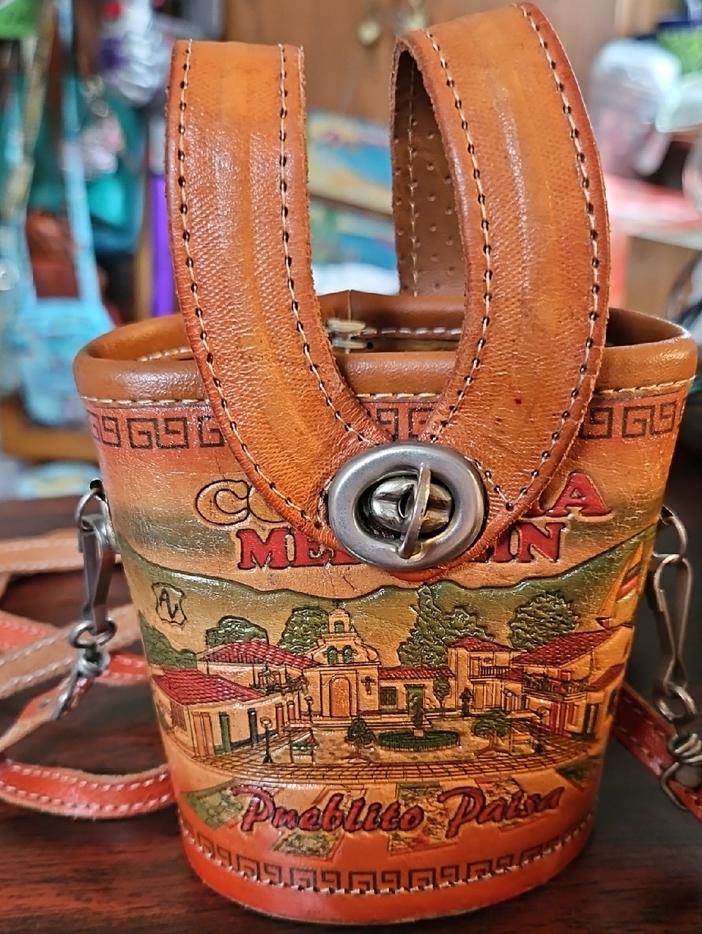 Hand-Painted Tan Leather Crossbody Bag with Turn-Lock Closure